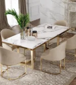 Rolex Dining Table Stainless Steel Golden Leg + Natural Marble Top Table (white)