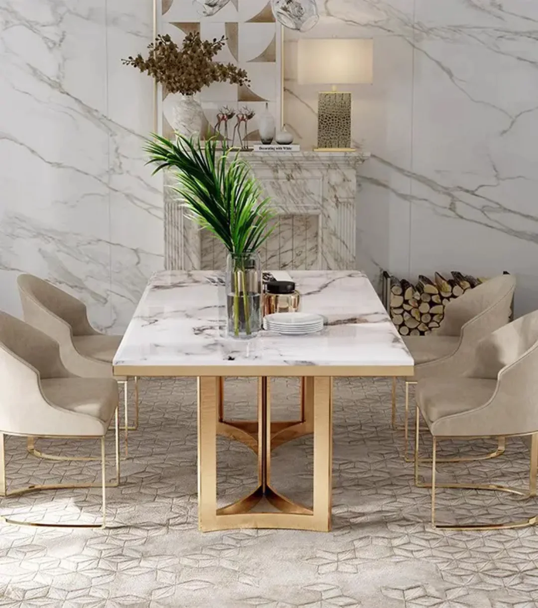 Rolex Dining Table Stainless Steel Golden Leg + Natural Marble Top Table (white) - Image 4