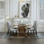 Round Dining Table Maximalist Living Room White Steel With Faux Marble Table Top | Dining Table - Image 5