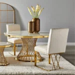 Round Dining Table Maximalist Living Room White Steel With Faux Marble Table Top | Dining Table