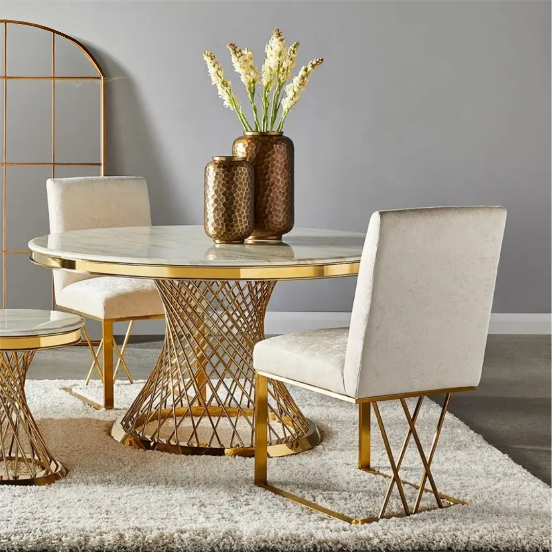 Round Dining Table Maximalist Living Room White Steel With Faux Marble Table Top | Dining Table - Image 1