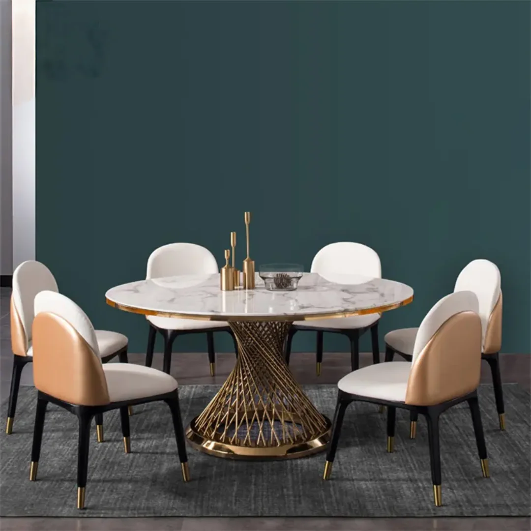 Round Dining Table Maximalist Living Room White Steel With Faux Marble Table Top | Dining Table - Image 3
