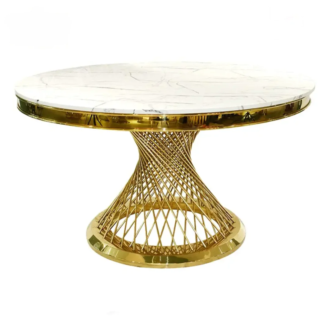 Round Dining Table Maximalist Living Room White Steel With Faux Marble Table Top | Dining Table - Image 6