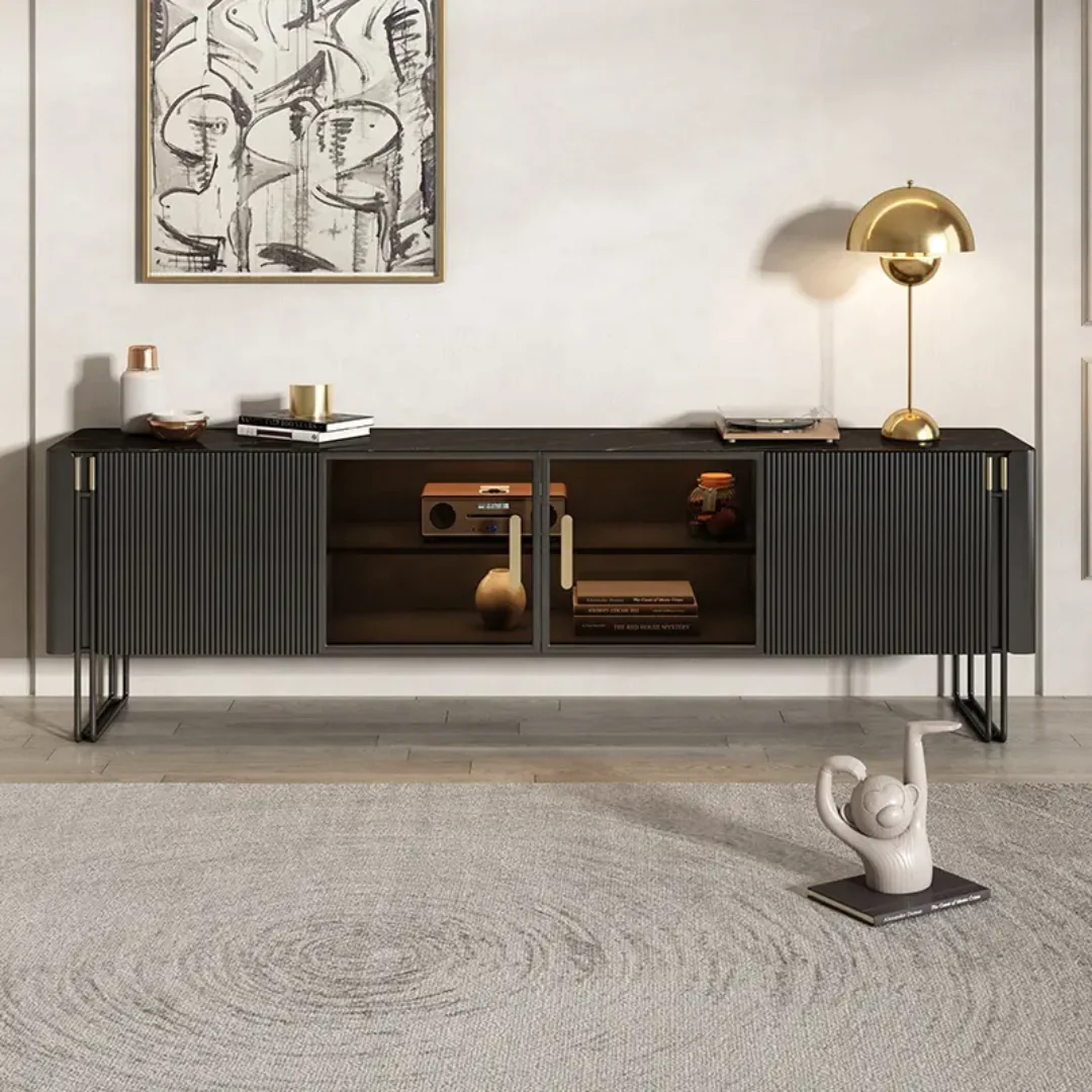 Grand TV Unit | Modern TV Cabinet Marble Slate Carbon Steel Base - Image 2
