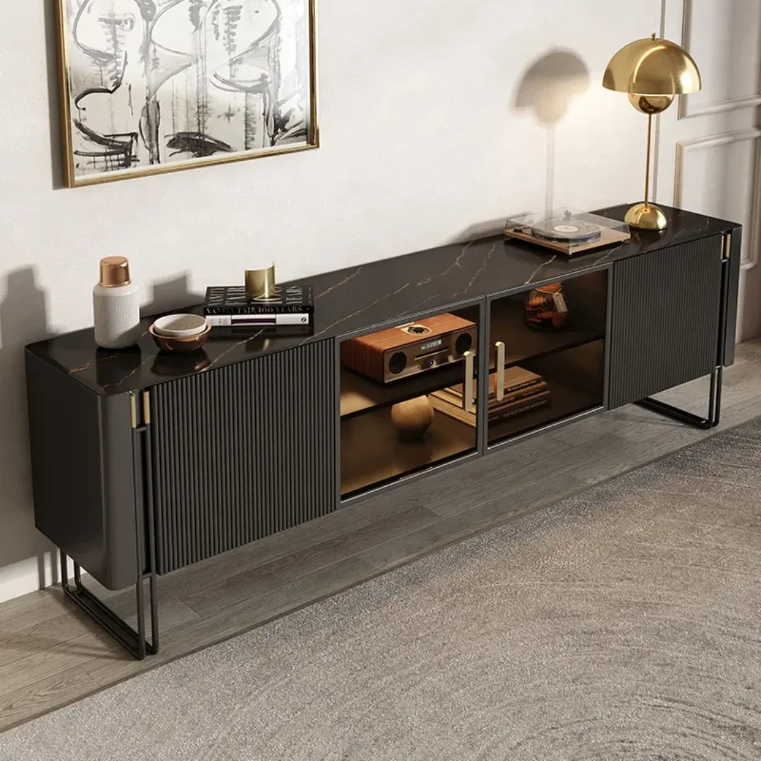 Grand TV Unit | Modern TV Cabinet Marble Slate Carbon Steel Base - Image 7