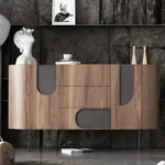 Wabi Sabi Style Round Veneere Top Mild Steel Legs Bar Cabinet