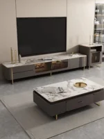 Gabriel TV Cabinet Stainless Steel Golden Leg + Faux Marble Top - Image 2