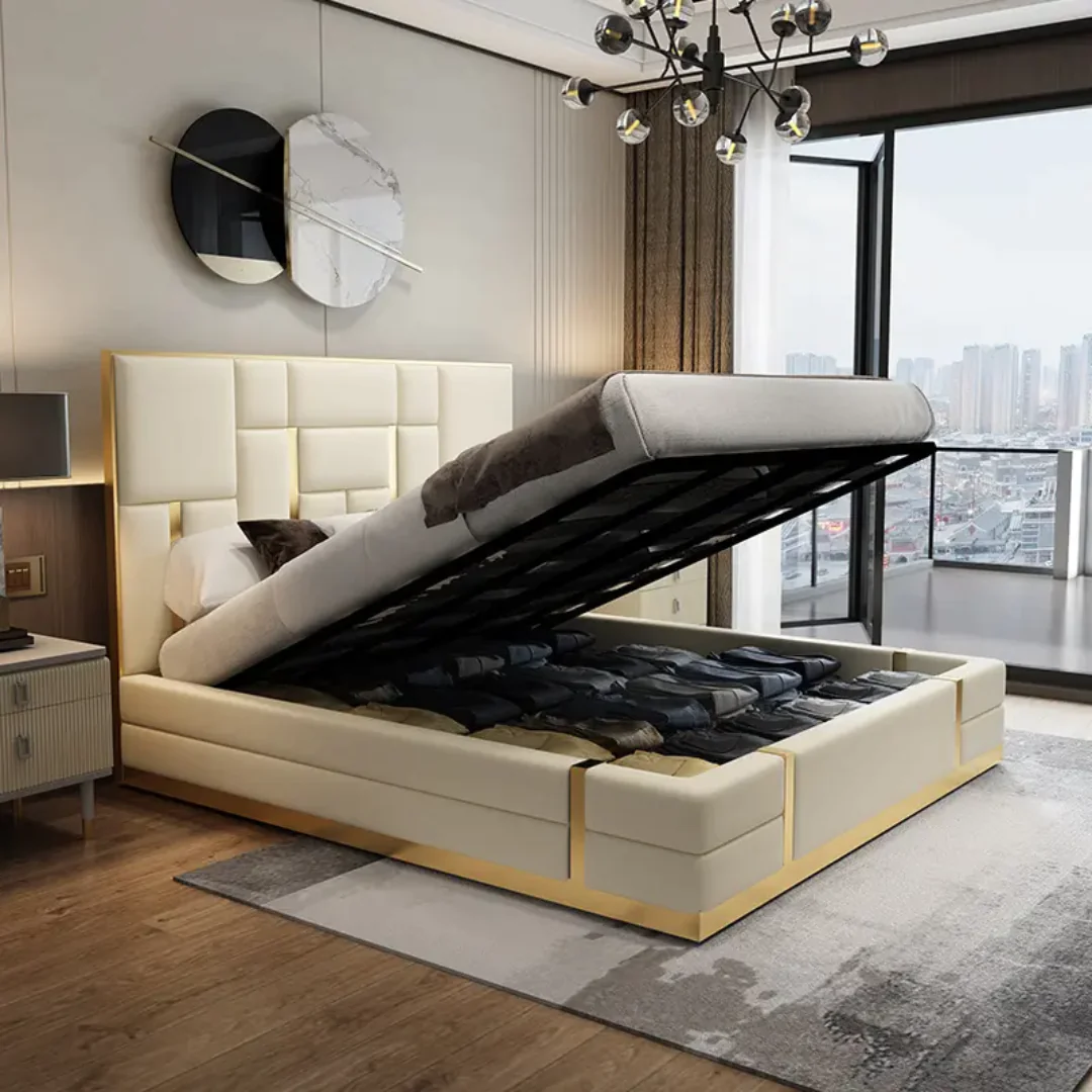 Crosby Modern Warm White Leather Upholstered Low Profile Platform Bed with Hydraulic - Image 4