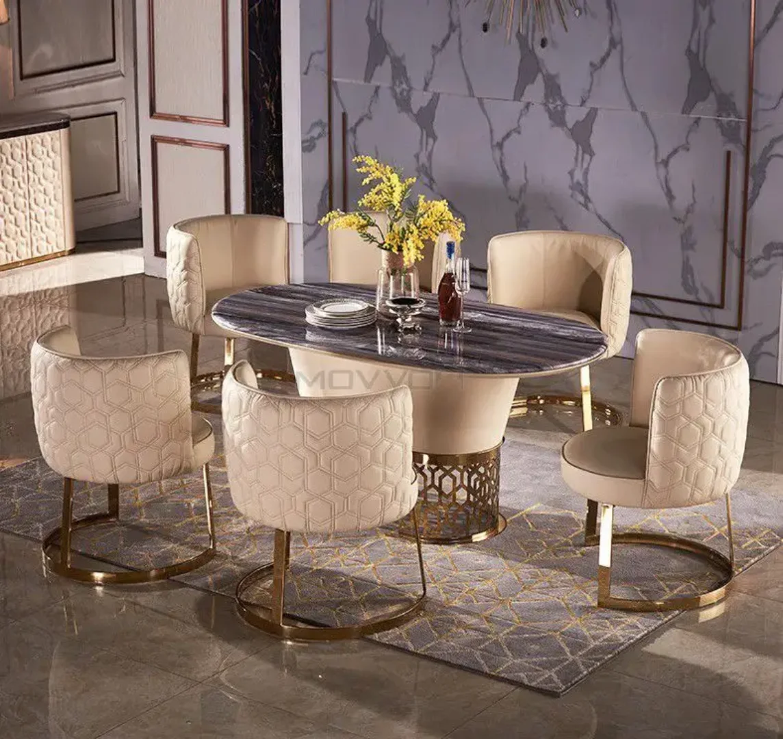 Asterix Dining Table Stainless Steel Golden Leg + Natural Marble Top Table - Image 1