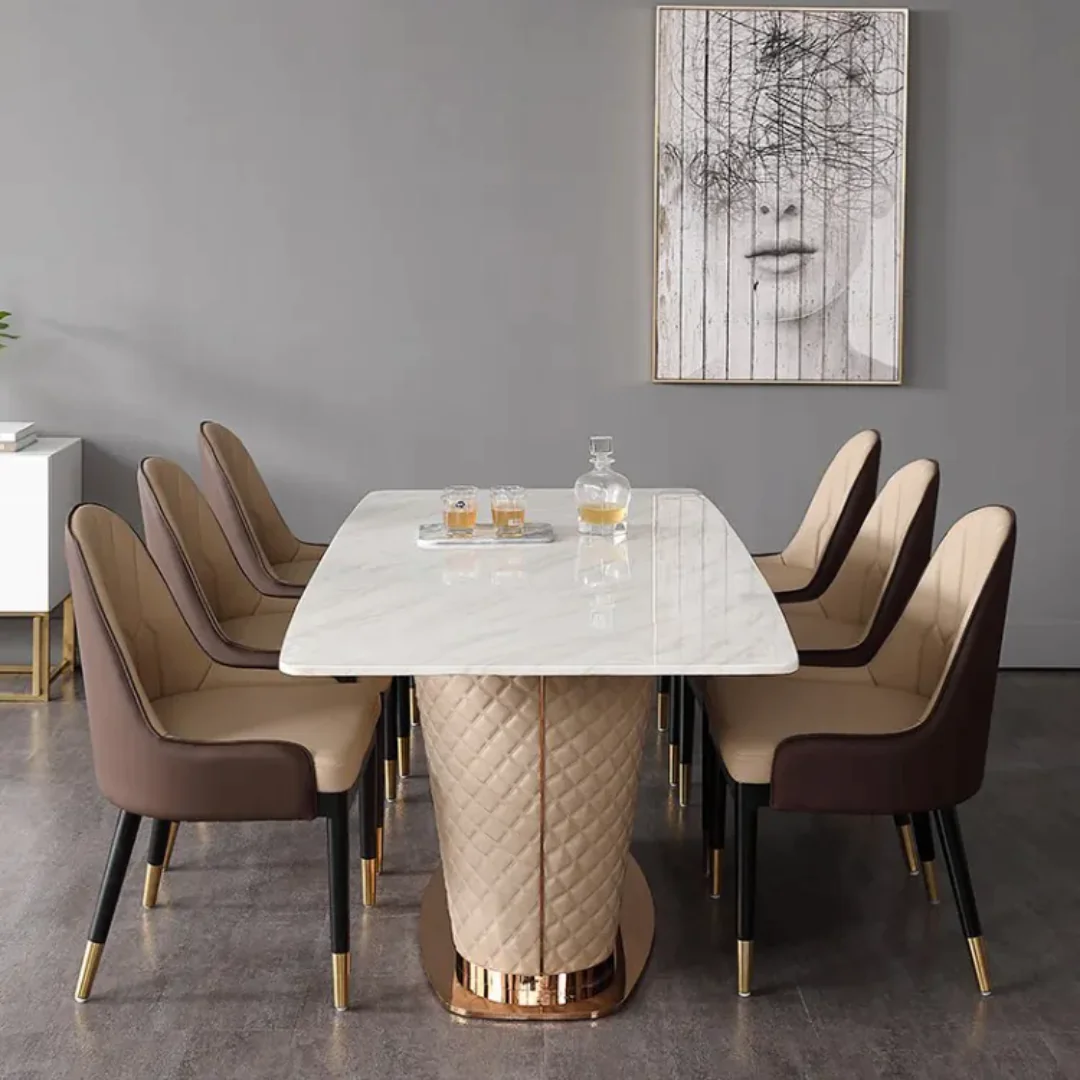 Edelweiss Dining Table Set Stainless Steel Wooden and Golden Leg + Natural Marble Top Table - Image 2