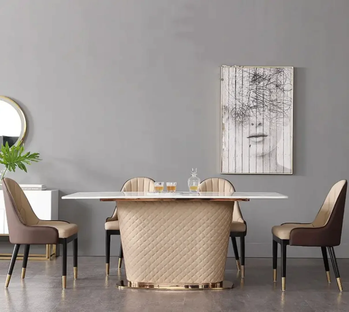 Edelweiss Dining Table Set Stainless Steel Wooden and Golden Leg + Natural Marble Top Table - Image 3