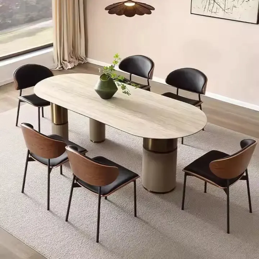 Elissa Dining Table 3 Stainless Steel Golden Leg + Natural Marble Top Table with 6 chairs set - Image 2