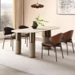 Elissa Dining Table 3 Stainless Steel Golden Leg + Natural Marble Top Table with 6 chairs set - Image 7