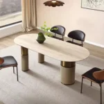 Elissa Dining Table 3 Stainless Steel Golden Leg + Natural Marble Top Table with 6 chairs set - Image 4