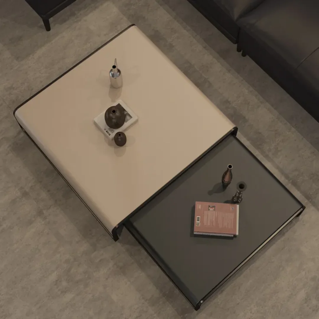 Italian Luxury Unique Stainless Steel Base Wooden Square Coffee Table Set of 2 Modern Design - Image 1