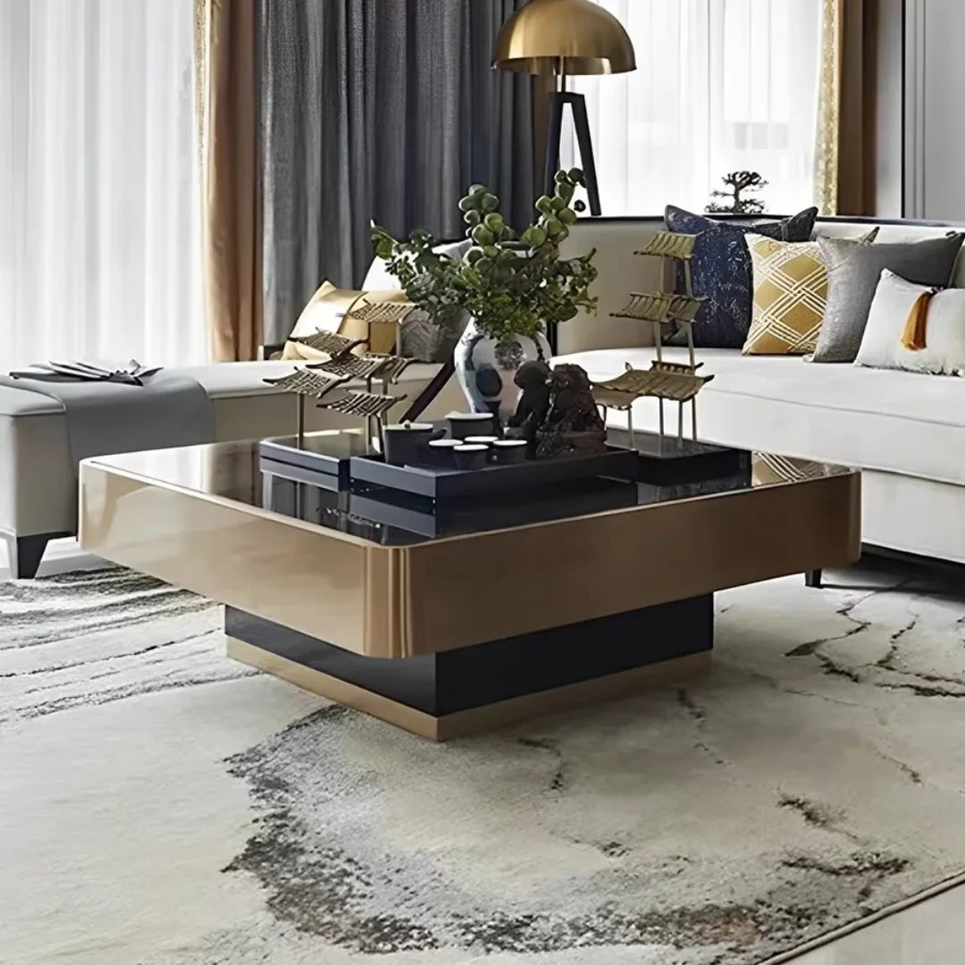 Brahm Luxury Gold Glass Metal Stainless Steel Coffee Table - Image 1