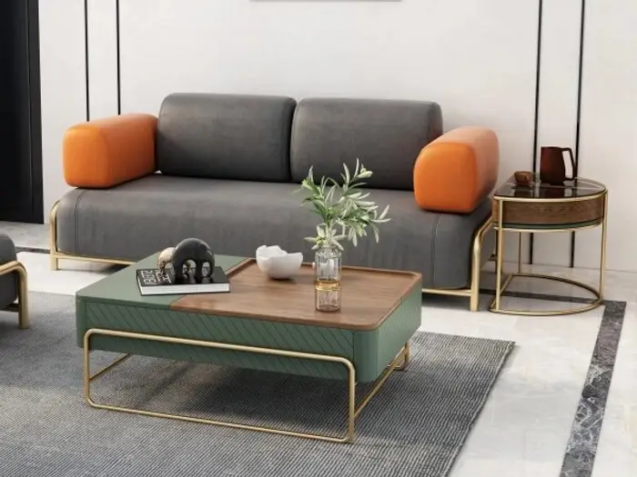 BigT Italian Luxury Unique Stainless Steel Base Wooden Square Coffee Table Set of 2 Modern Design - Image 3