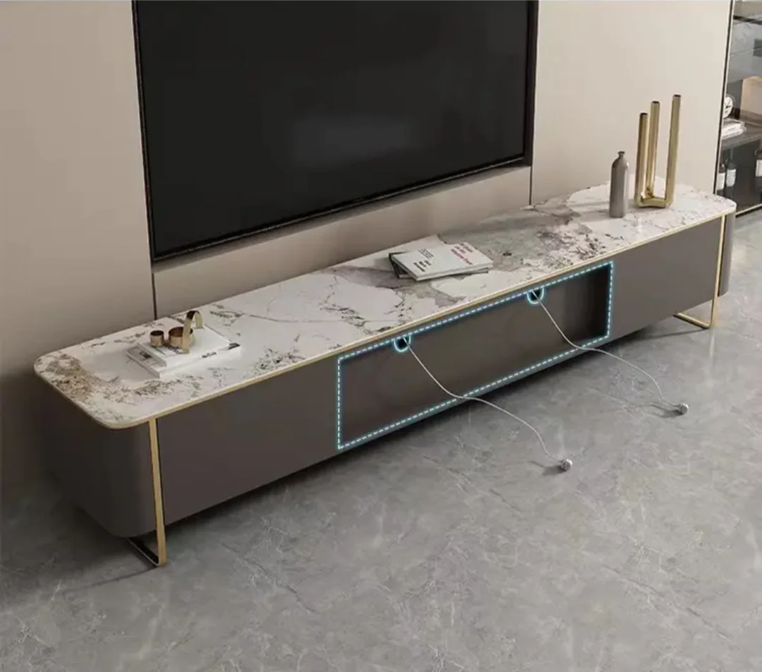 Gabriel TV Cabinet Stainless Steel Golden Leg + Faux Marble Top - Image 4