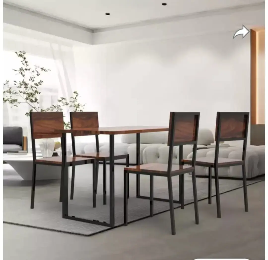 Iron Frame Sheesham Wood Top Dining Table with Chairs Metal 4 Seater Dining Set Teak Finish - Image 1