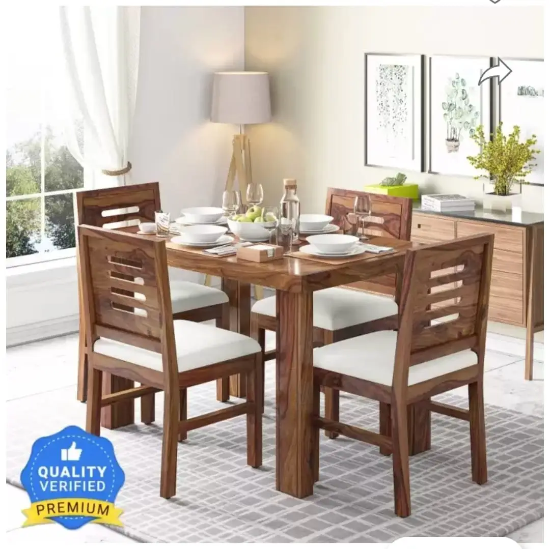 Solid Sheesham Wood Top Dining Table with Chairs 4 Seater Dining Set Teak Finish - Image 1