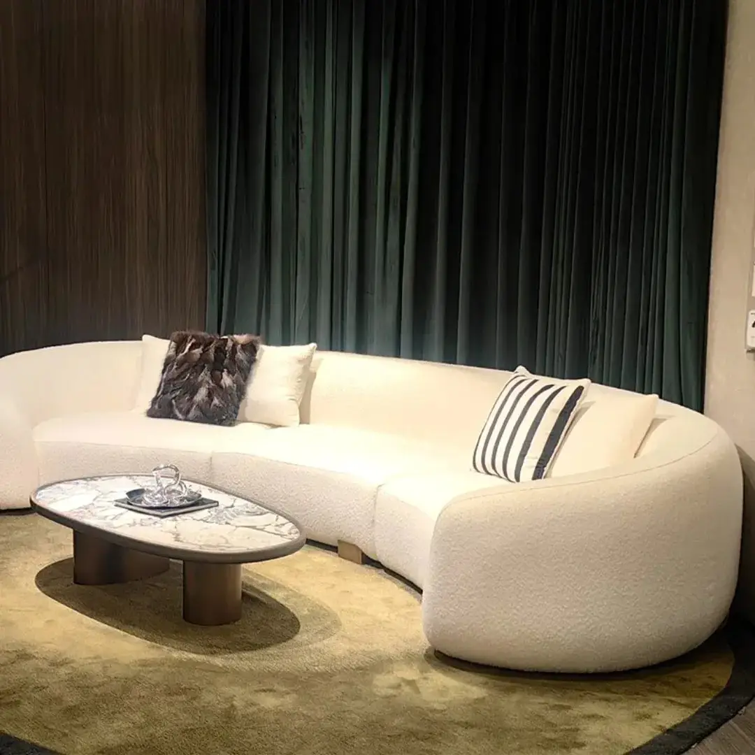 Talbot Lobby Hotel Curved 5-Seater Luxury Sofa - Off-White with Gold Accents - Image 2
