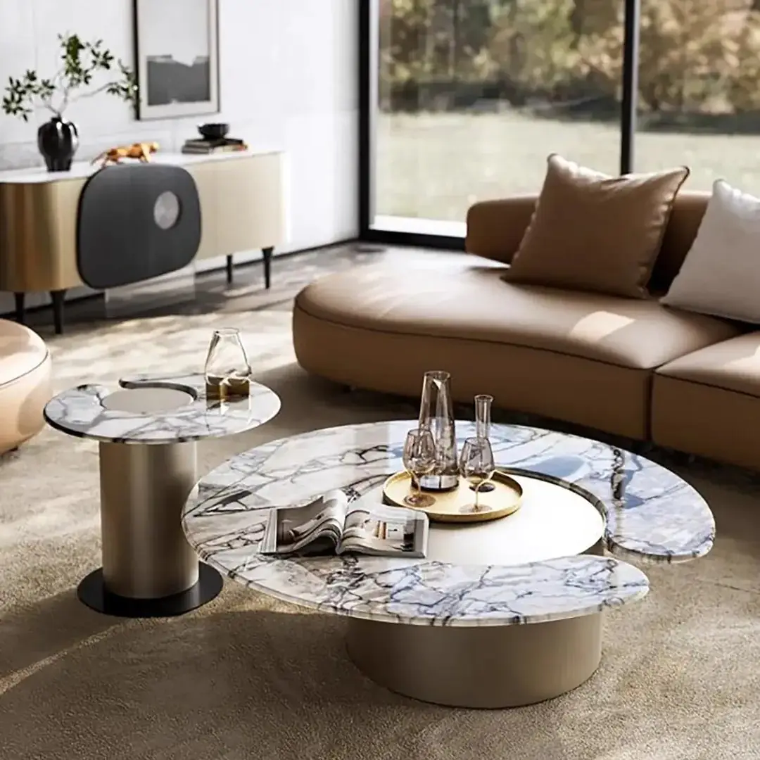 Grace Pair of 2 Nesting Tables for a Minimalist Living Room White Table Marble top with Gold PVD Stainless steel - Image 1