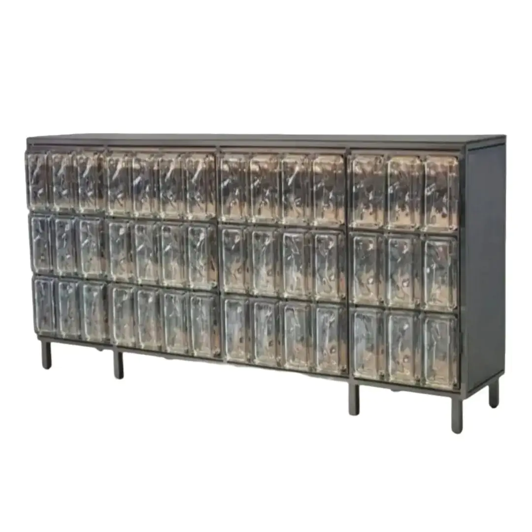 Glass Brick Sideboard with Double Doors | Modern Art Glass Cabinet with Solid Wood & Stainless Steel - Image 3
