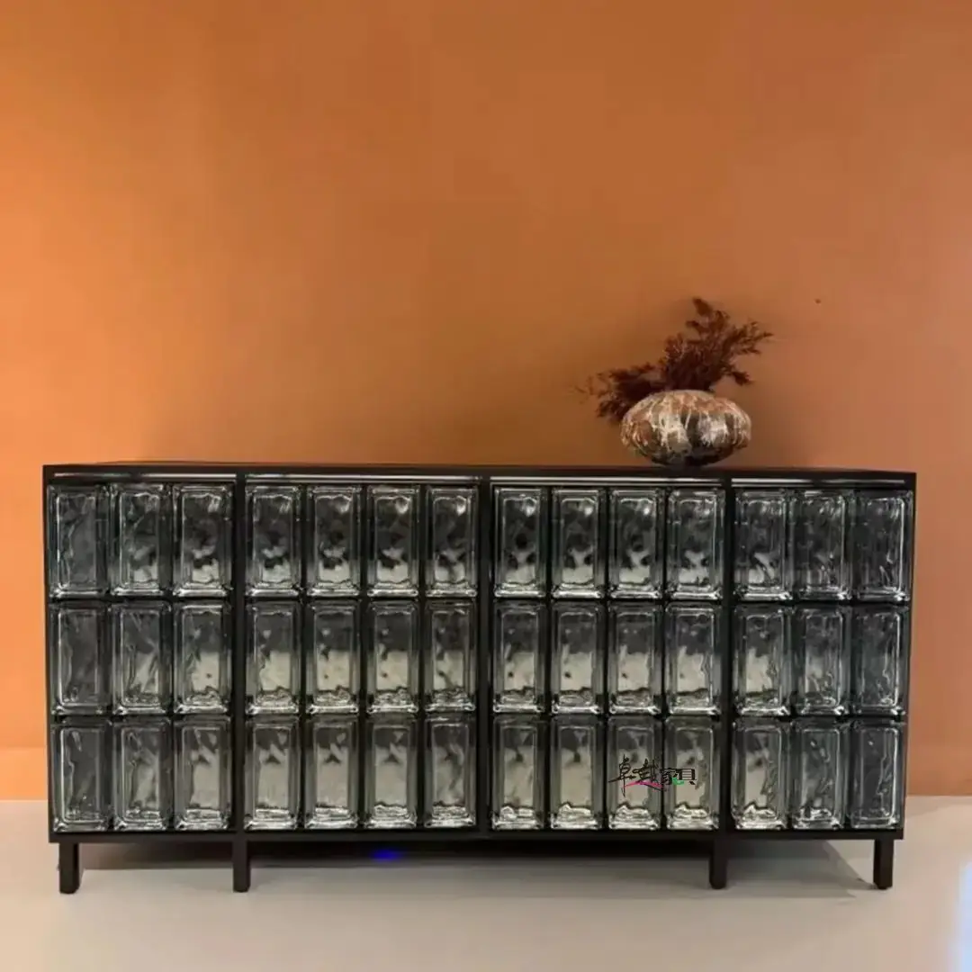 Glass Brick Sideboard with Double Doors | Modern Art Glass Cabinet with Solid Wood & Stainless Steel - Image 4