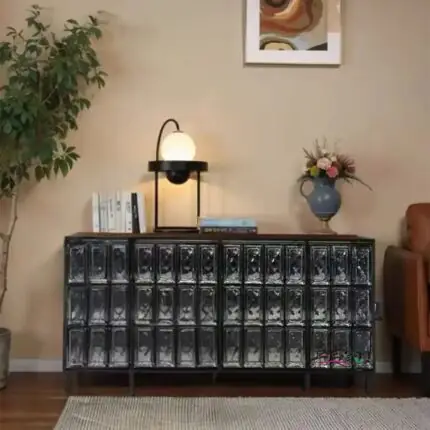 Glass Brick Sideboard with Double Doors | Modern Art Glass Cabinet with Solid Wood & Stainless Steel