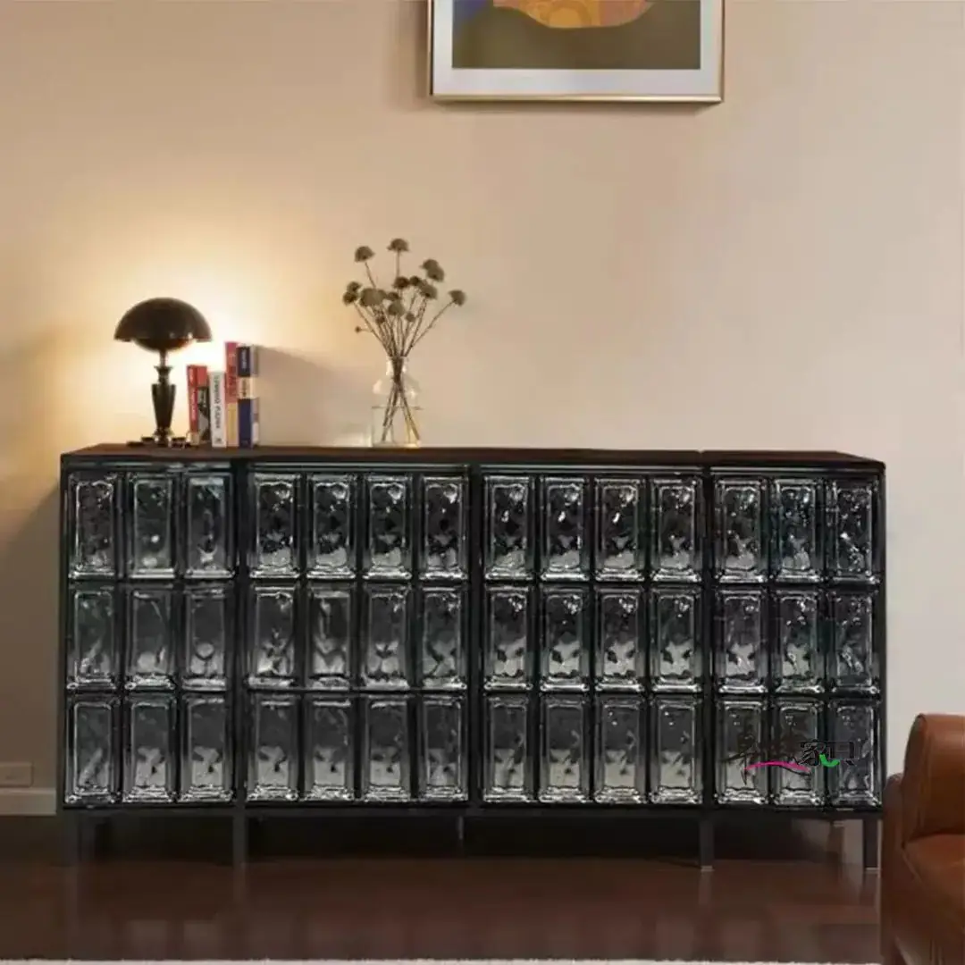 Glass Brick Sideboard with Double Doors | Modern Art Glass Cabinet with Solid Wood & Stainless Steel - Image 2
