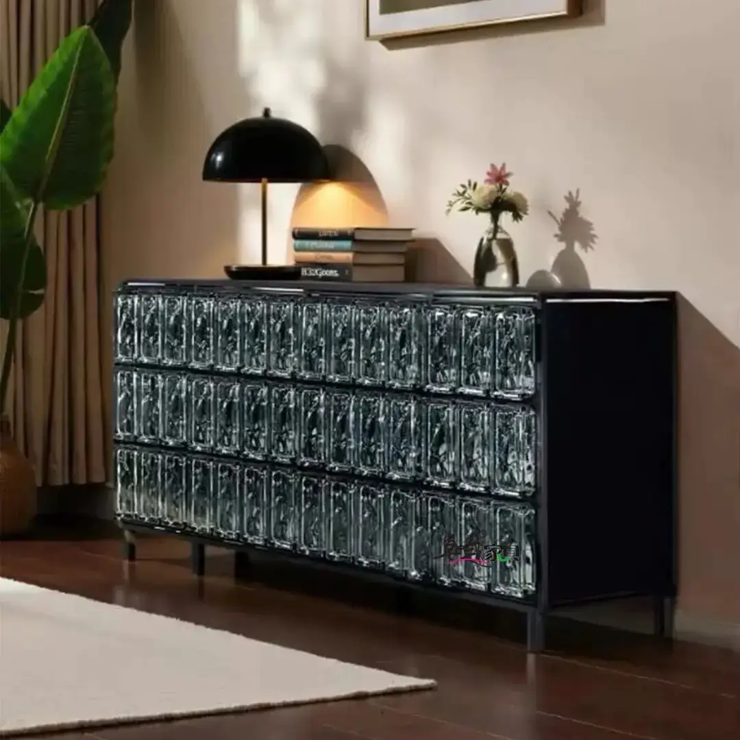Glass Brick Sideboard with Double Doors | Modern Art Glass Cabinet with Solid Wood & Stainless Steel - Image 5